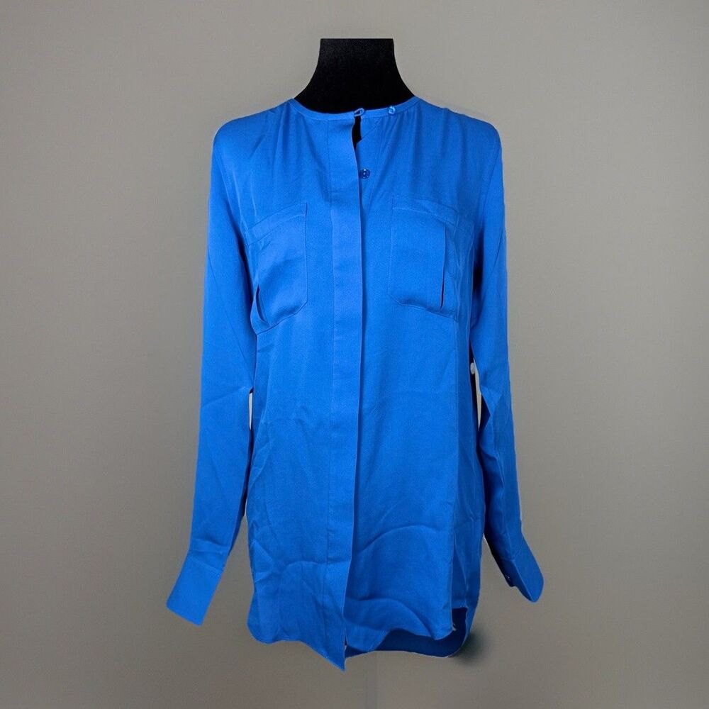 AG Adriano Goldschmied Silk Blouse XS Blue Long Sleeve Hidden Button Shirt NWT